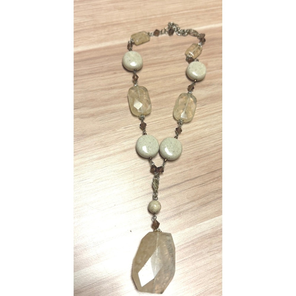 Chunky Earthy Stone Statement Necklace Faceted Quartz & Ceramic Neutral 20"
